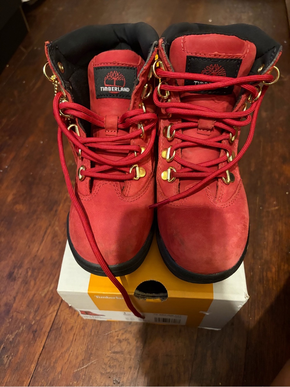 Timberland Red Nubuck Lace-Up Boots with Black Collar size 1
